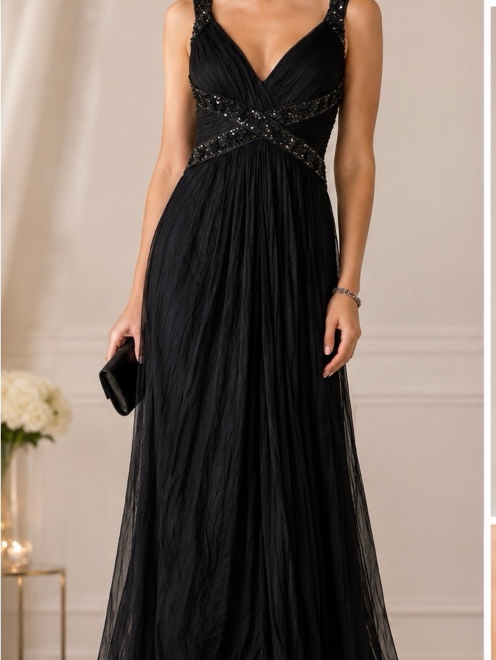 Tadashi Shoji Black Crinkle Chiffon vintage in Beaded Empire Gown